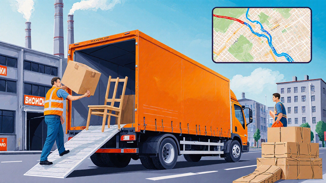 Газель грузится коробками и мебелью, водитель фиксирует маршрут, улицы Воронежа на фоне.