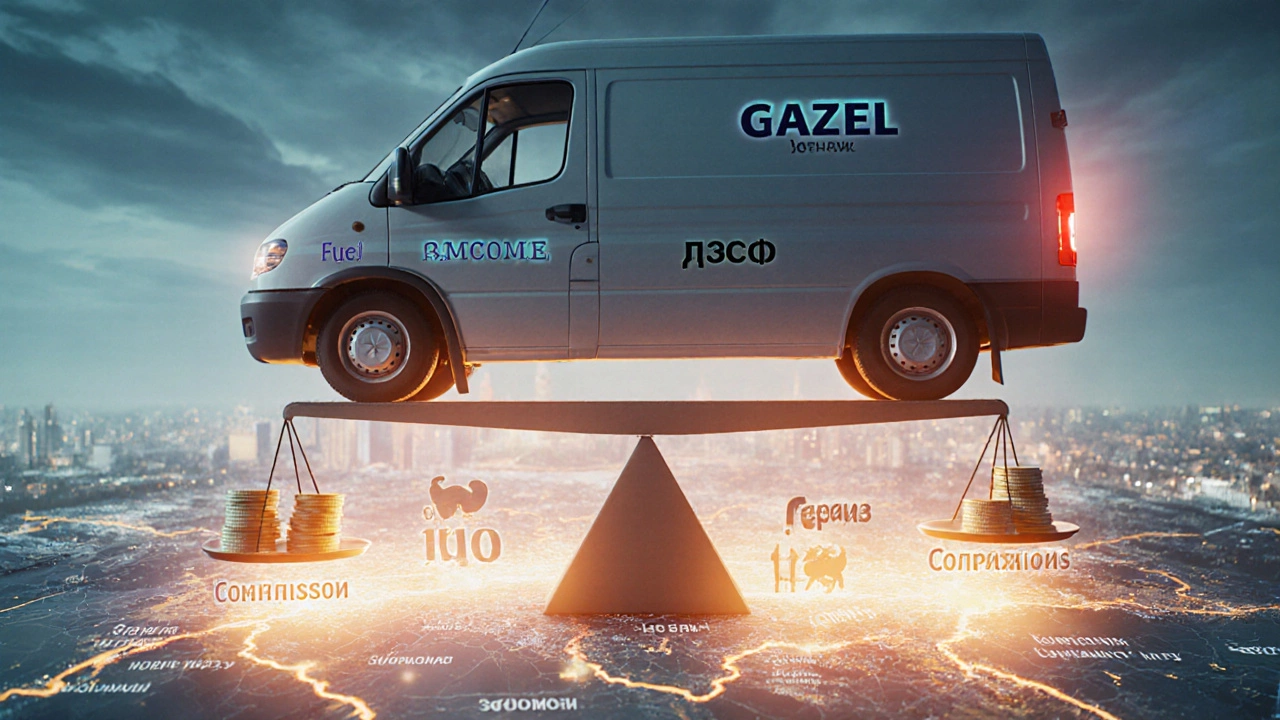 Газель как весы: одна чаша — доход, другая — расходы на топливо, шины и ремонт, городская карта России внизу.