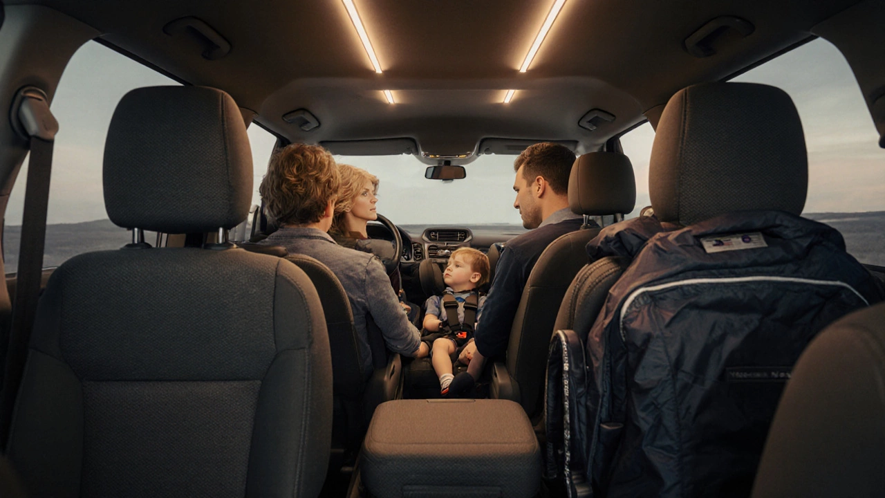 Inside Yandex minivan: adults, child in car seat, folded seat, backpack and stroller.
