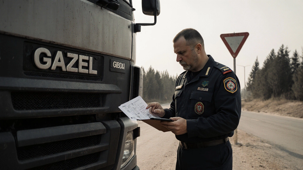 Инспектор ГИБДД проверяет документы у водителя у остановленного грузовика на обочине.