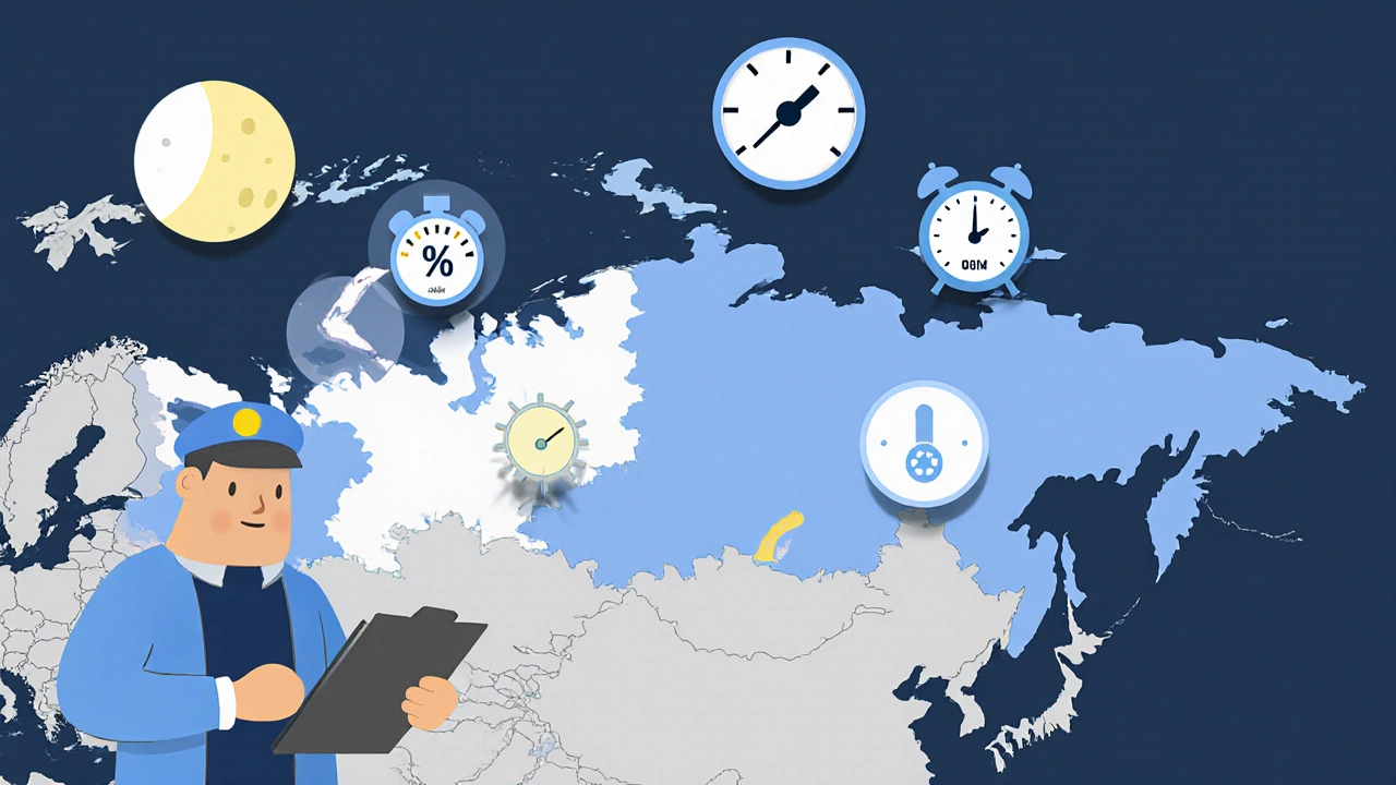 Карта России с иконками ночных надбавок, топлива, перегруза и часов.