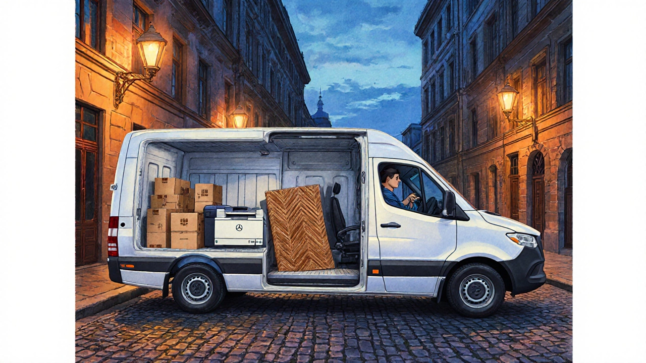 Mini‑van parking in narrow alley, interior filled with small boxes and office equipment.