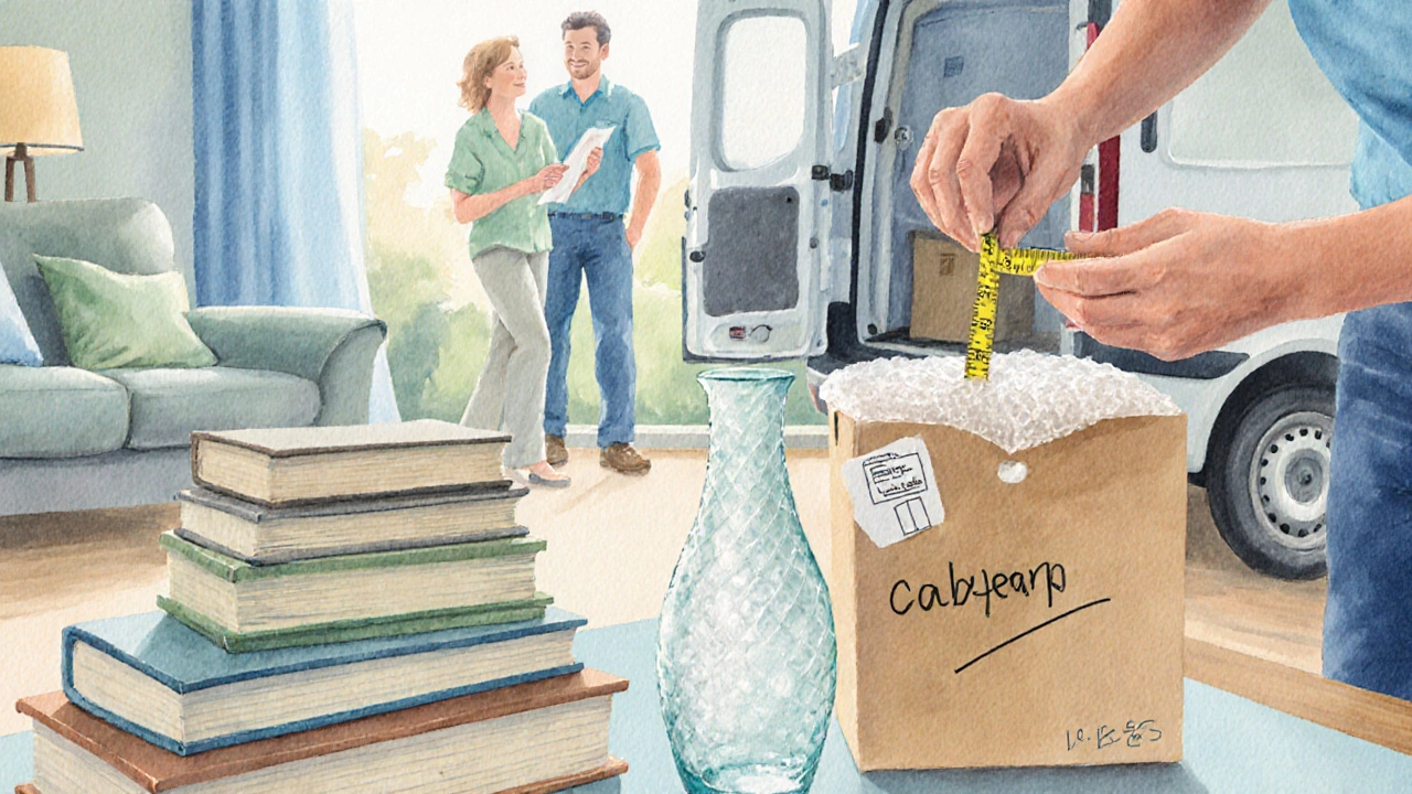 Person measuring and packing items while movers load a small van in a bright room.