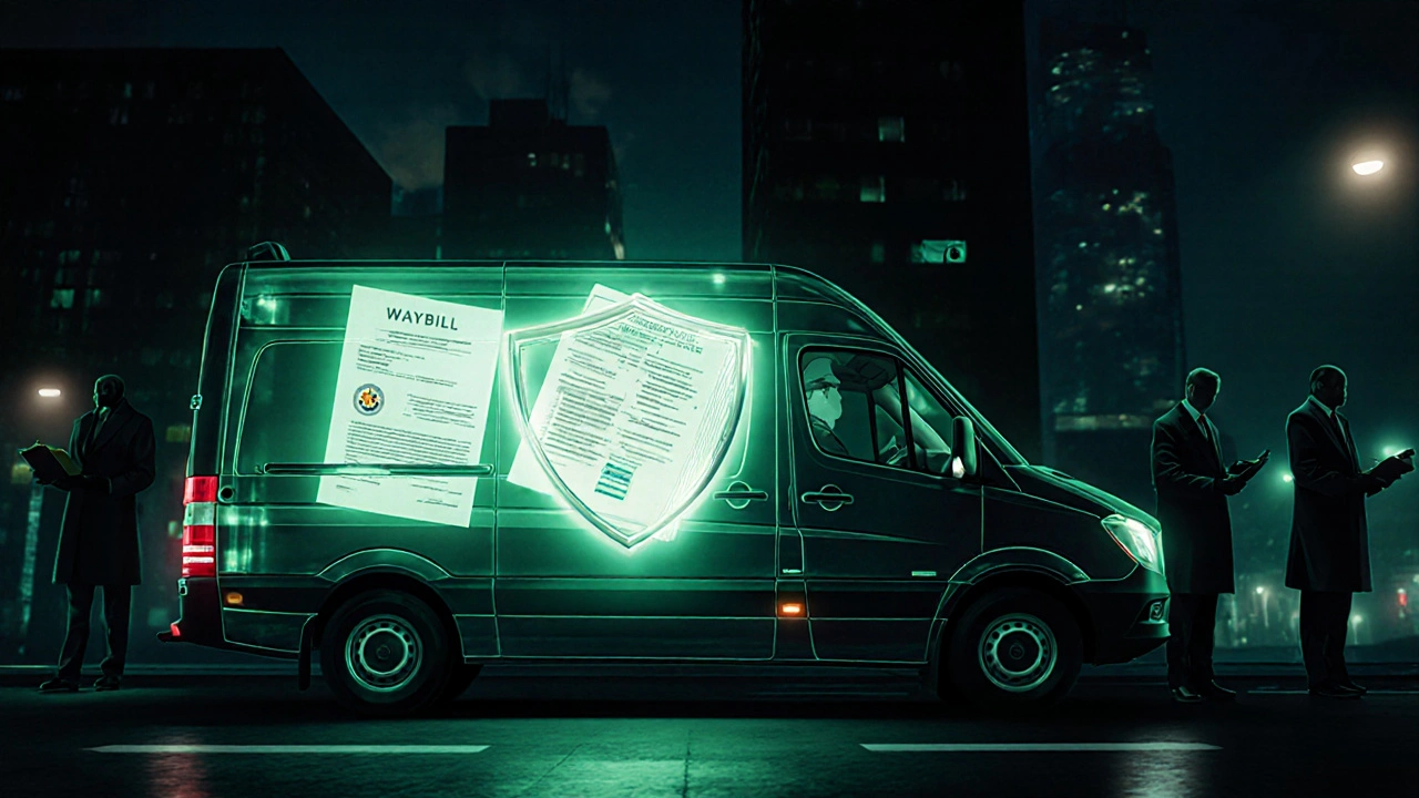 Прозрачная Газель с внутренними документами, светящимися как защита, на фоне теней инспекторов.