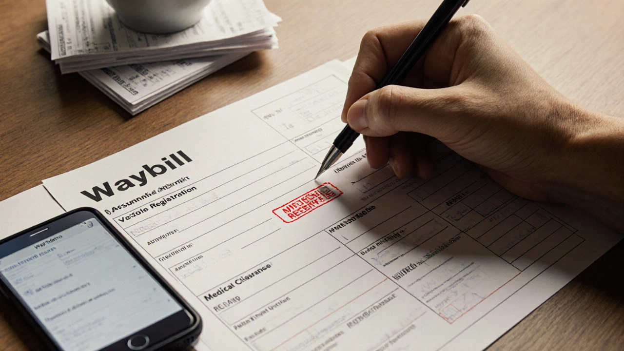 Рука водителя подписывает путевой лист, рядом лежит смартфон с электронным документом и чеки.