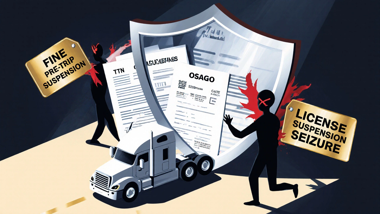 Щит из документов защищает грузовик от штрафов и конфискации в символической иллюстрации.