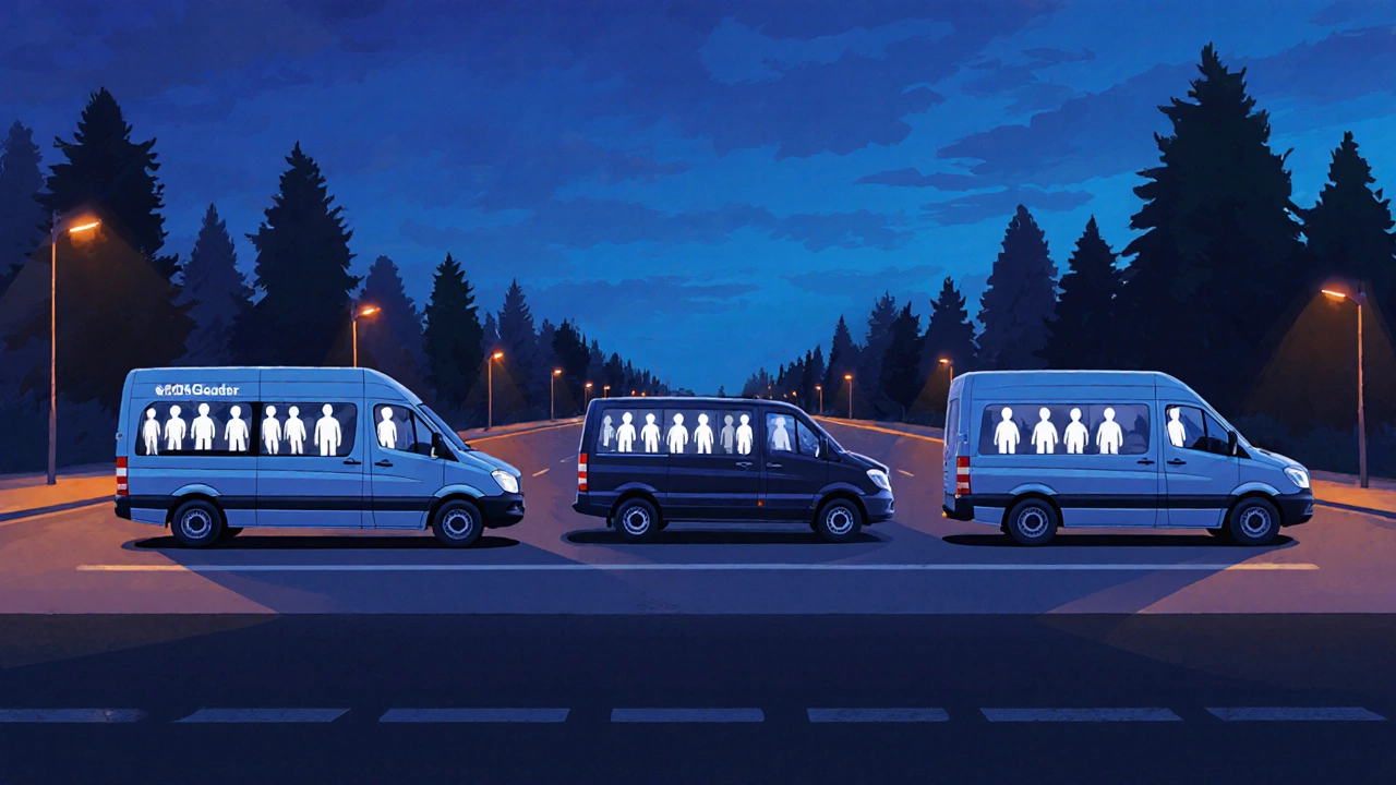 Three vehicles (minivan, Gazelle, Sprinter) side by side at dusk, showing passenger capacity.