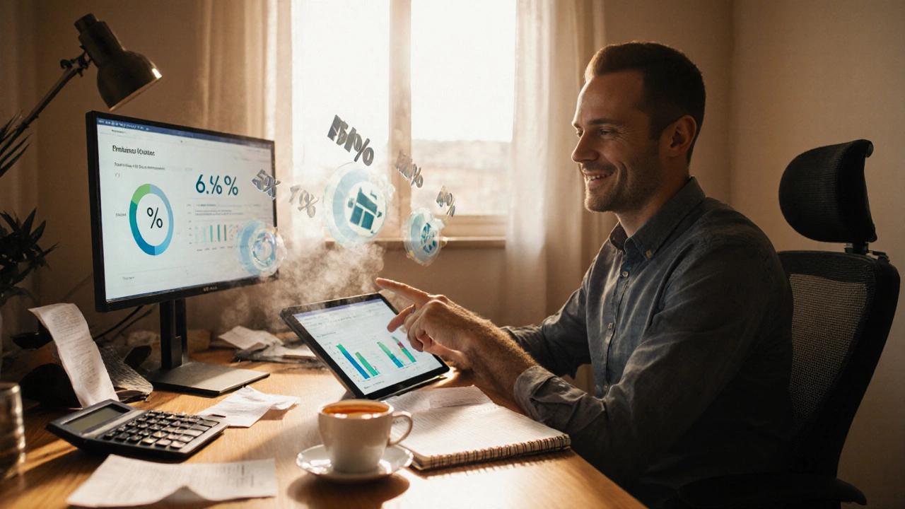 Водитель оценивает доходы за месяц за столом с калькулятором, планшетом и финансовыми бумагами.