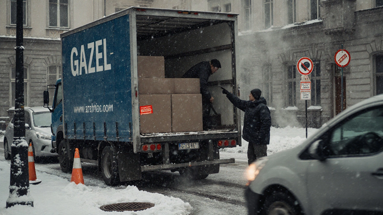 Водитель разгружает мебель в дворе Москвы, клиент указывает на пятый этаж, за окном зима.