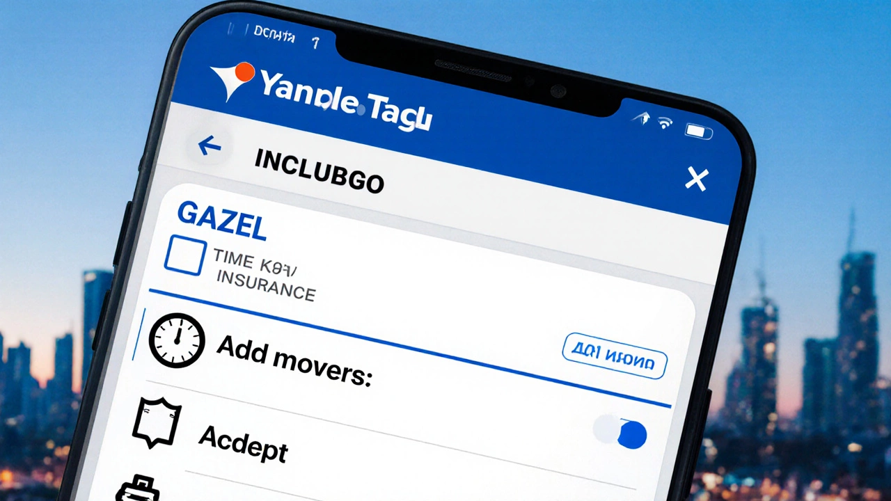 Экран телефона с приложением Яндекс.Такси: выбрана ГАЗЕЛЬ и добавлены грузчики.