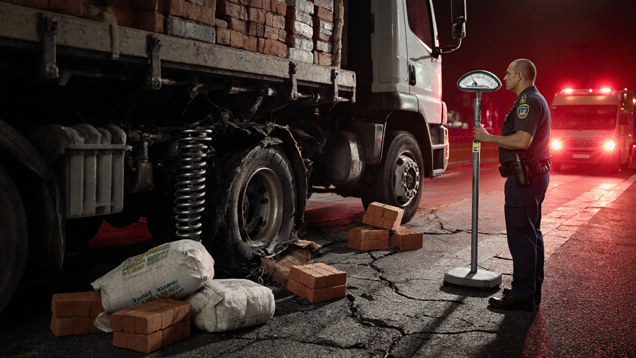 Газель-Бизнес с сломанной осью и разбросанным грузом, инспектор с весами на фоне, символизирующий опасность перегруза.