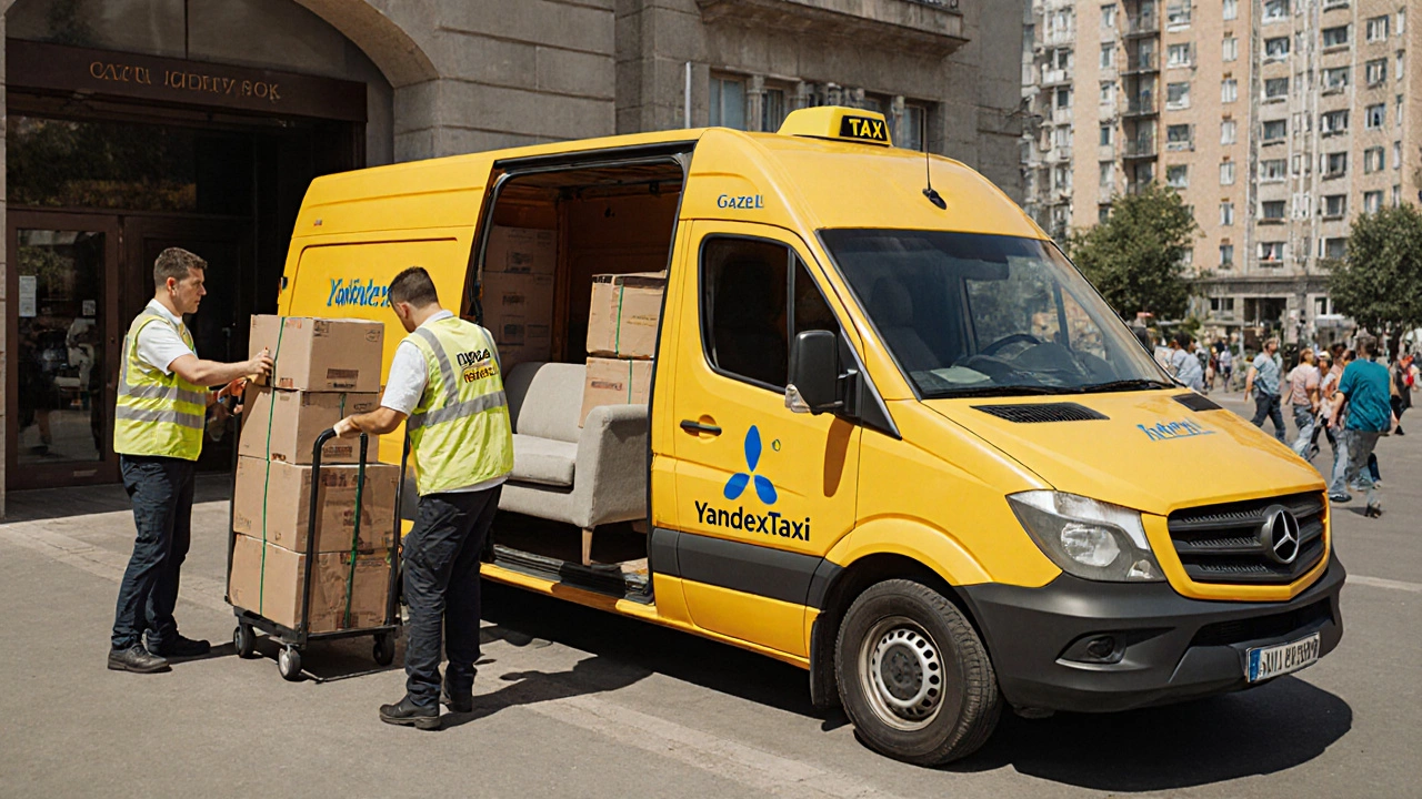 Грузчики грузят диван и коробки в желтую ГАЗель с логотипом Яндекс.Такси.