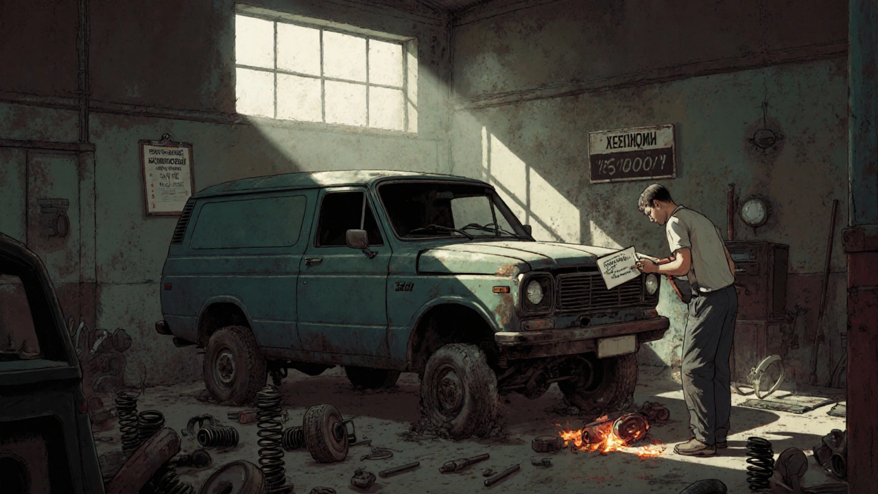 Механик осматривает сломанную Газель 3302 с провисшими рессорами и перегретыми тормозами в гараже.