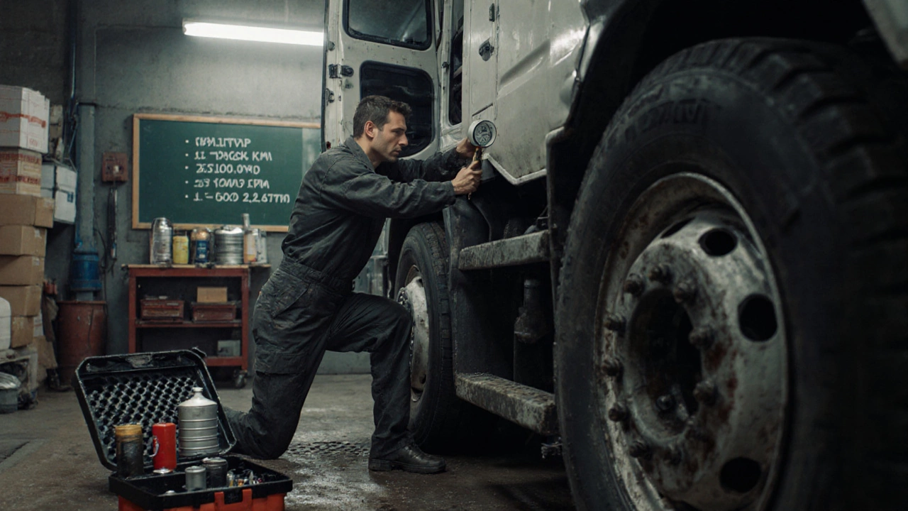 Механик проверяет давление в шинах Газели Next в гараже.