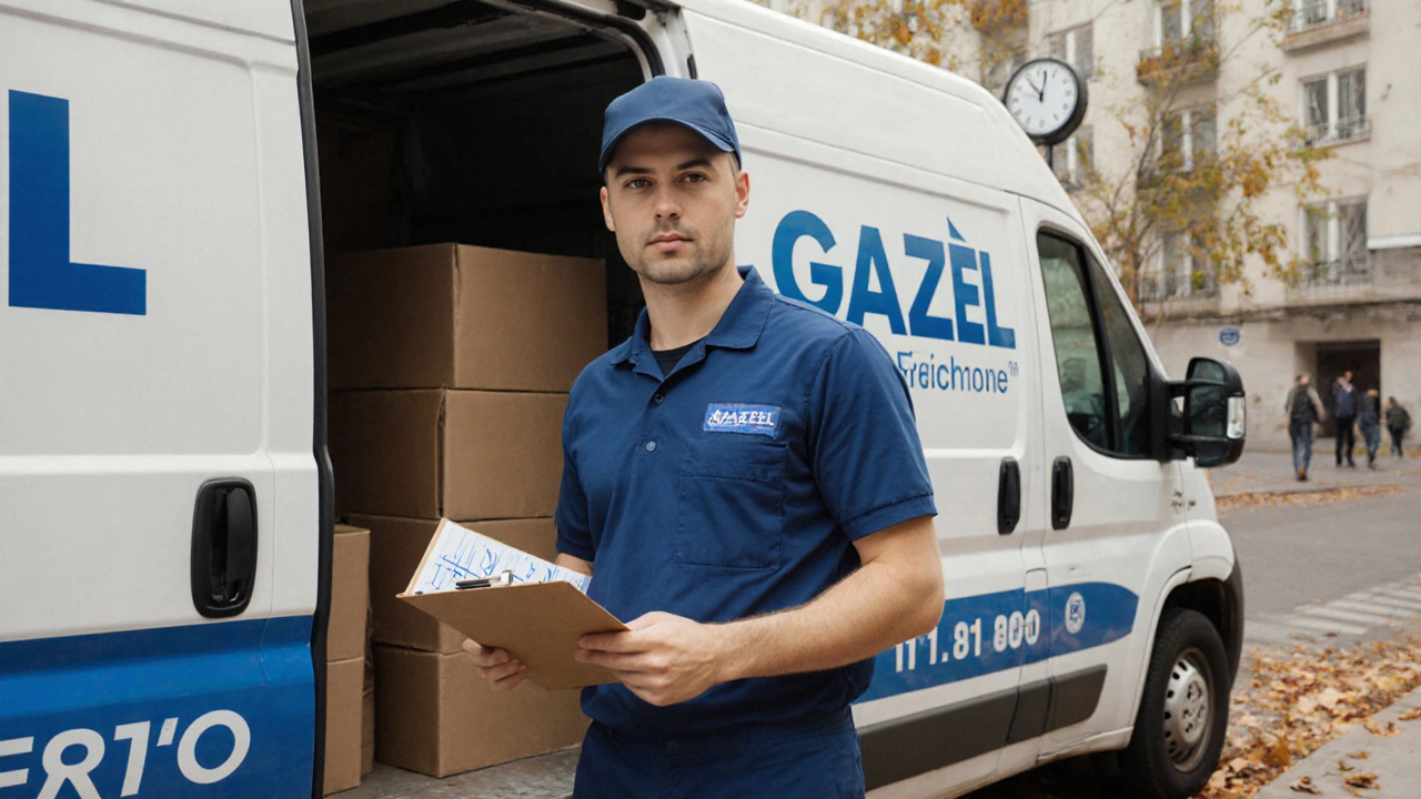 Надежный грузчик стоит у чистой Газели с распечатанной сметой в спокойный будний день.