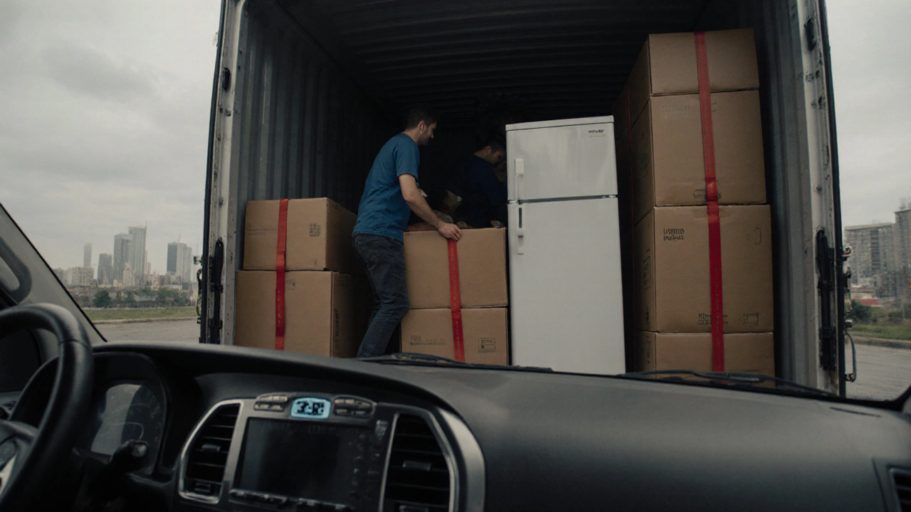 Рабочие загружают Газель Next: тяжелая мебель спереди, коробки по бокам, на приборной панели — вес 2,3 тонны.