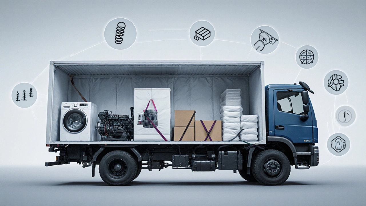 Разрез грузовика Газель Next с несколькими бытовыми приборами и системами крепления внутри.