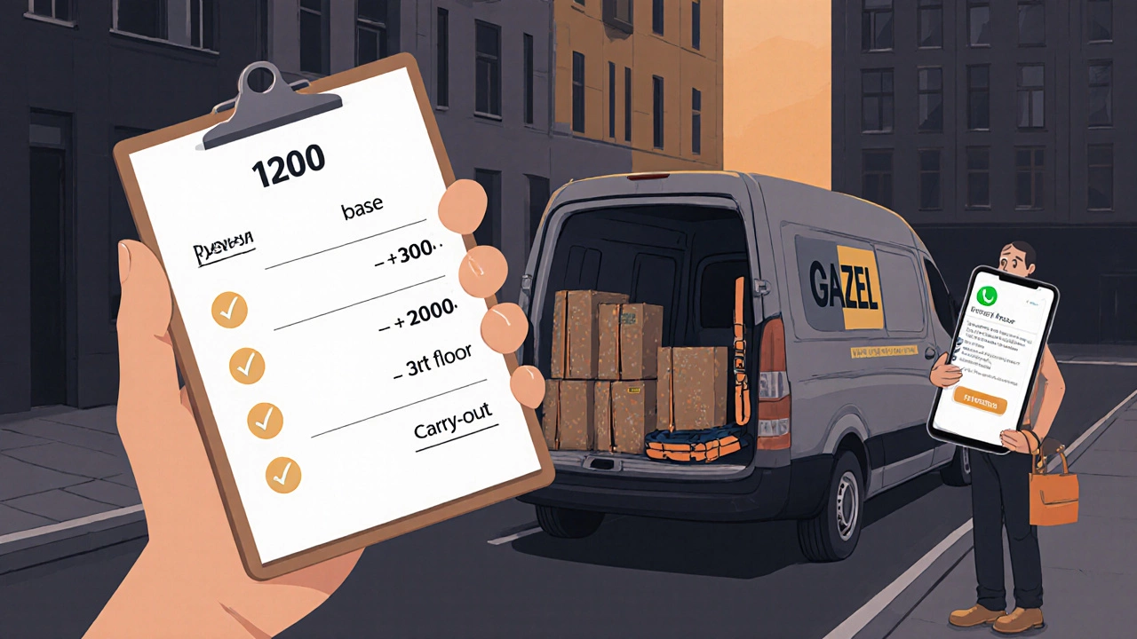 Рука держит смету с расшифровкой цен за погрузку, подъем и вынос мебели у Газели.