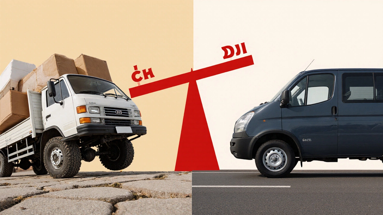 Сравнение перегруженной Газели 3302 и безопасно загруженной Газели Next на фоне дороги.