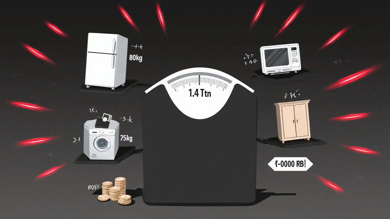 Весы с пределом 1,4 тонны и плавающими предметами бытовой техники с указанием их массы.