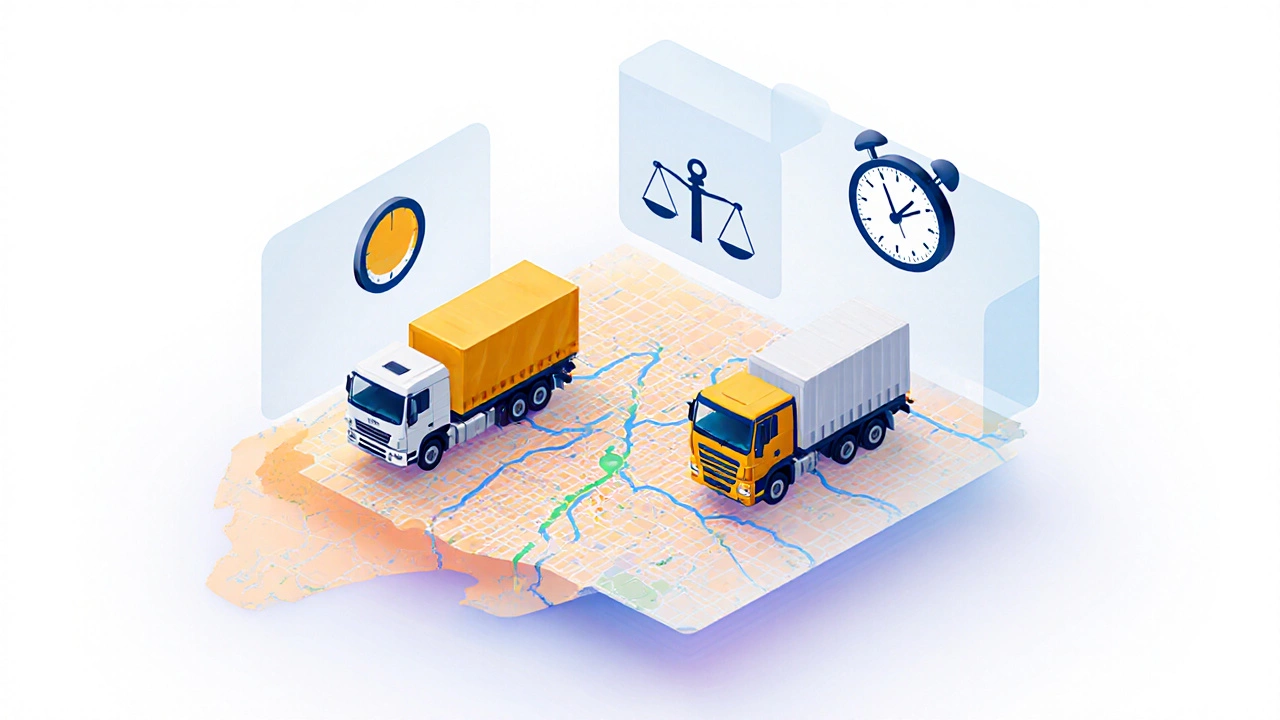 Визуализация факторов стоимости перевозки сыпучих грузов: машины, расстояние, время и вес над картой Воронежа.