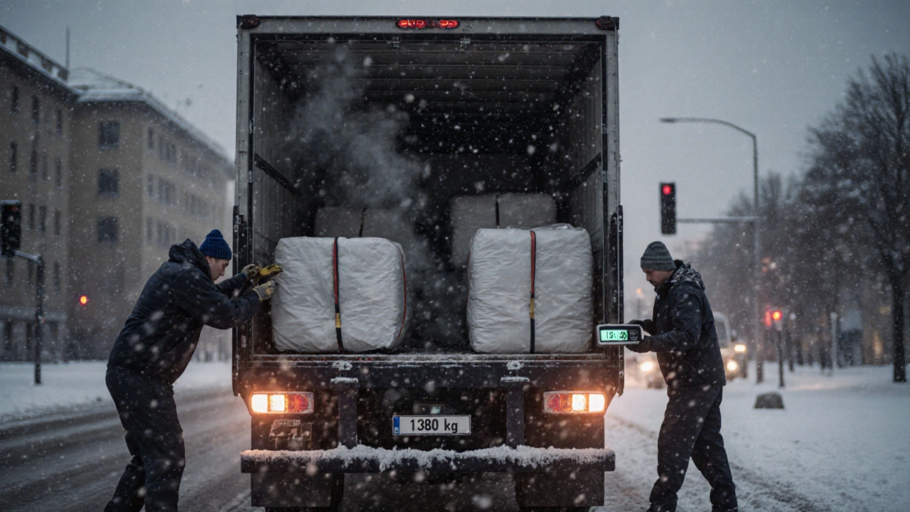 Водитель проверяет вес груза на снежной улице Воронежа, техника упакована и зафиксирована.