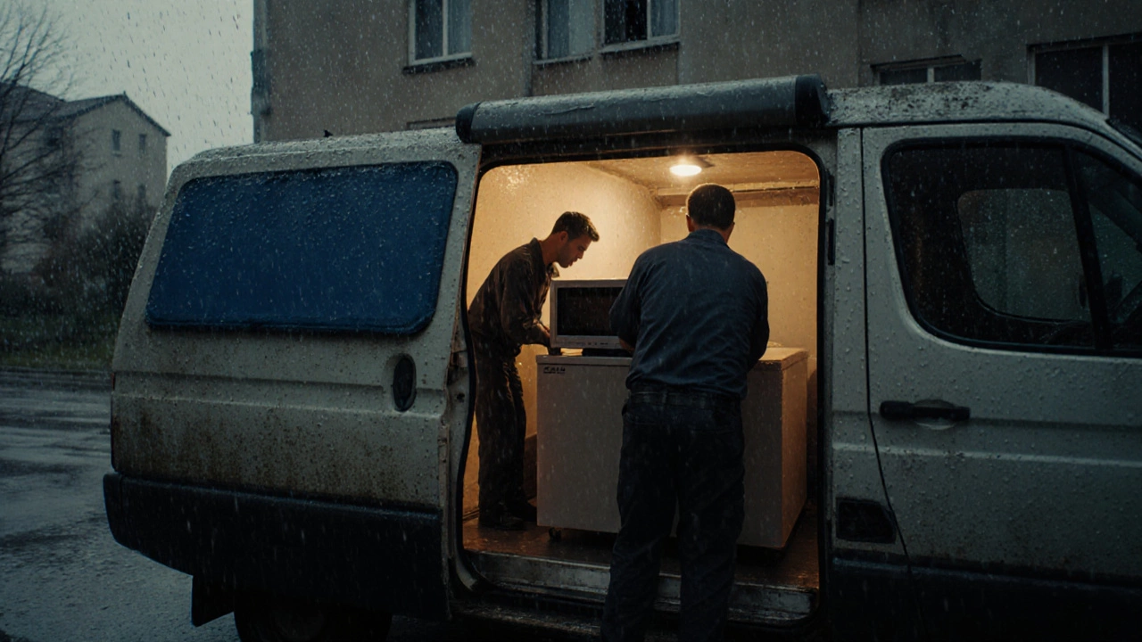 Закрытый фургон Газель-Вант с загрузкой телевизора и микроволновки в дождливую погоду.