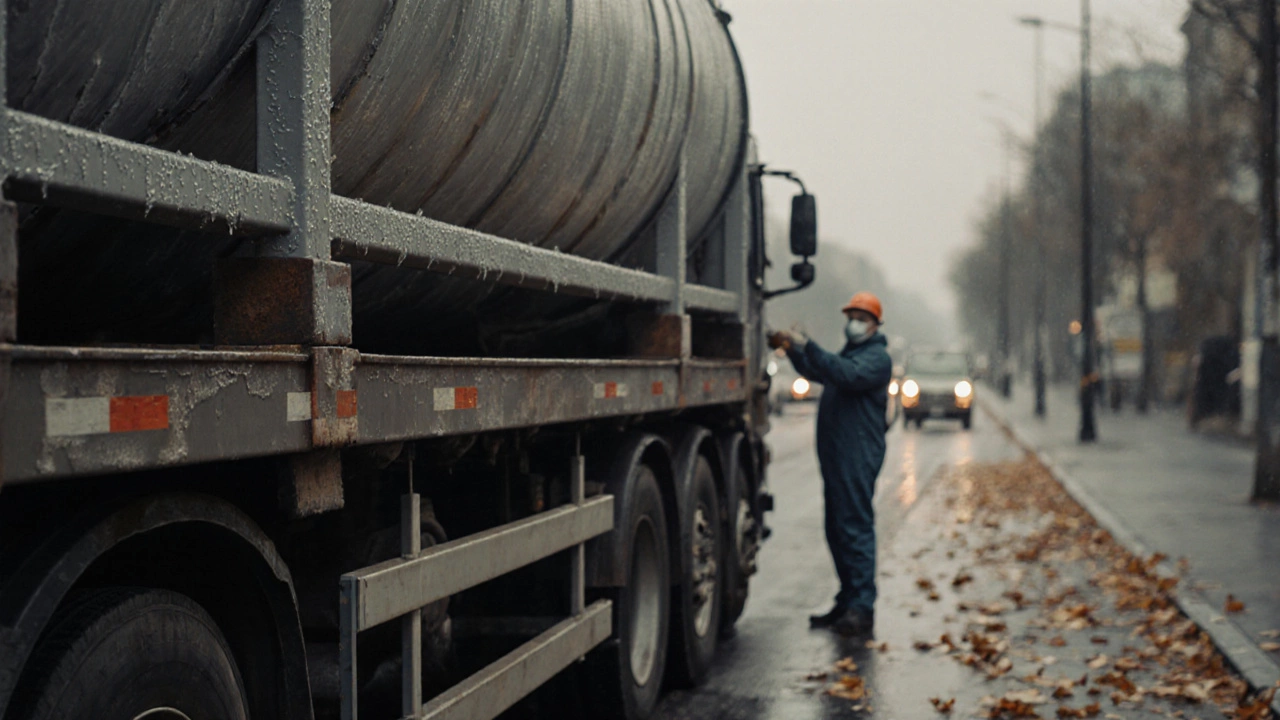 Закрытый контейнер с цементом на грузовике, рабочий проверяет герметичность, осенняя улица в фоне.