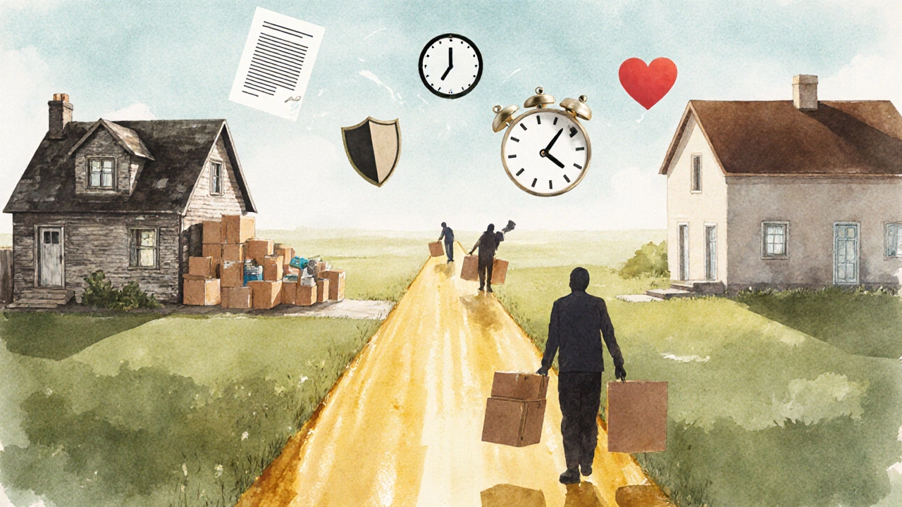 Золотая дорога между домами символизирует безопасный и спокойный переезд с заботой о вещах.