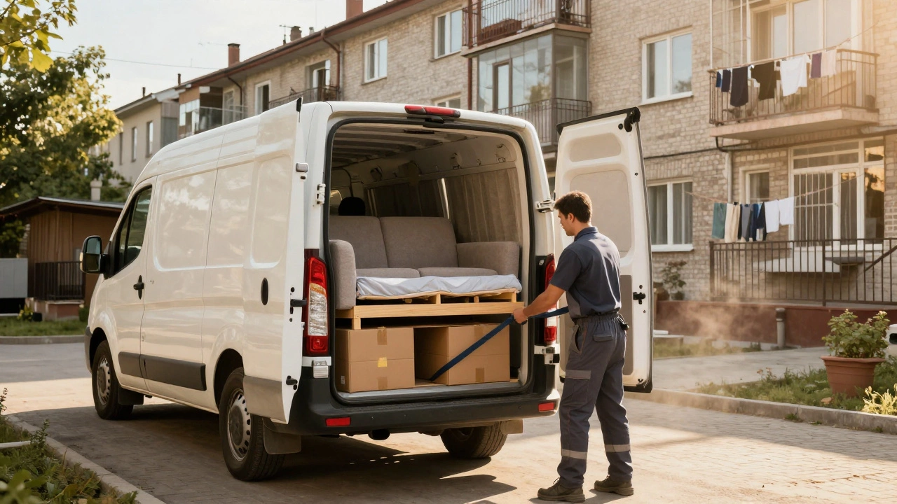 Белая Газель с открытыми дверями, водитель грузит мебель и коробки во дворе дома.