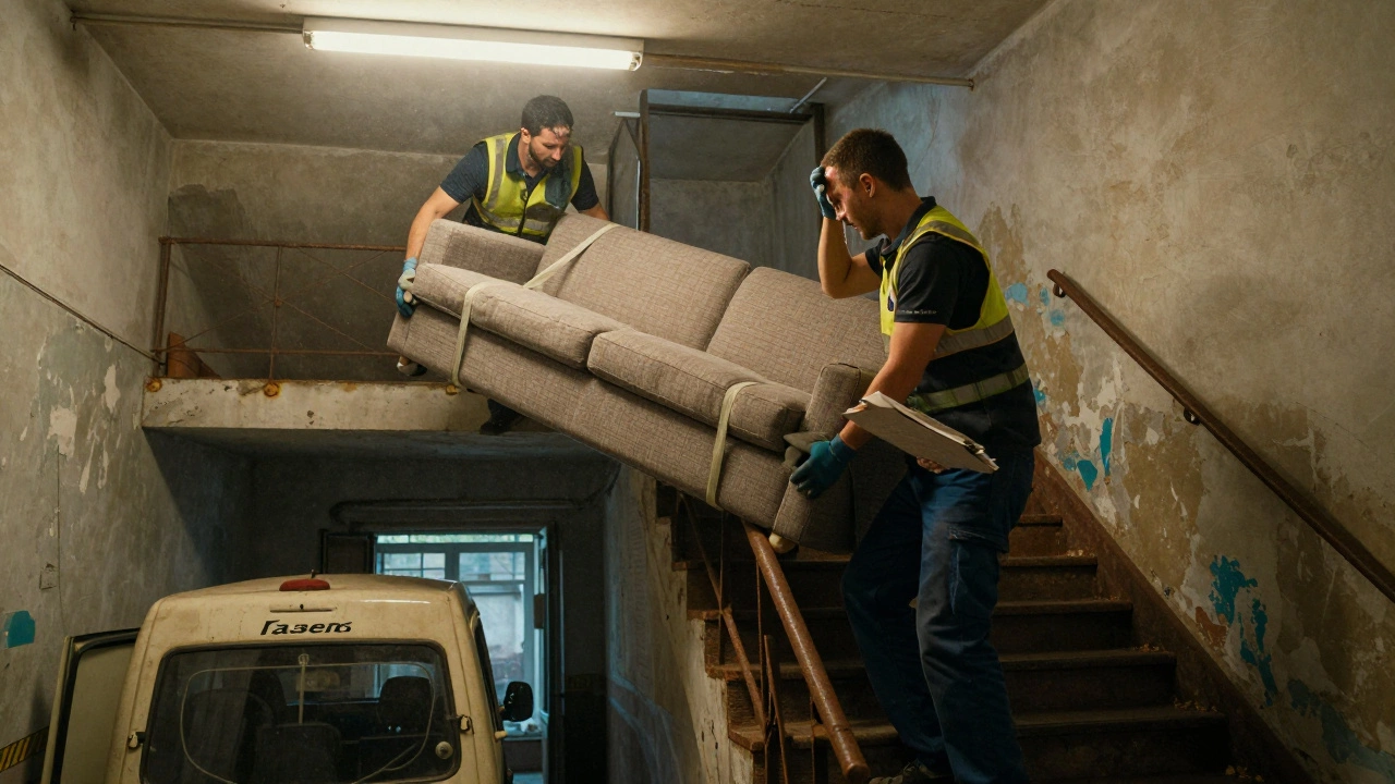 Два грузчика поднимают диван по лестнице в старом доме Воронежа.