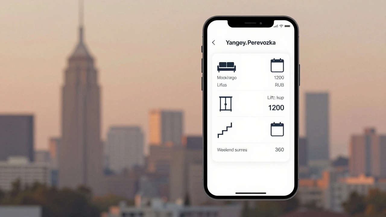 Экран приложения Яндекс.Перевозка с детализацией стоимости перевозки мебели с надбавками.
