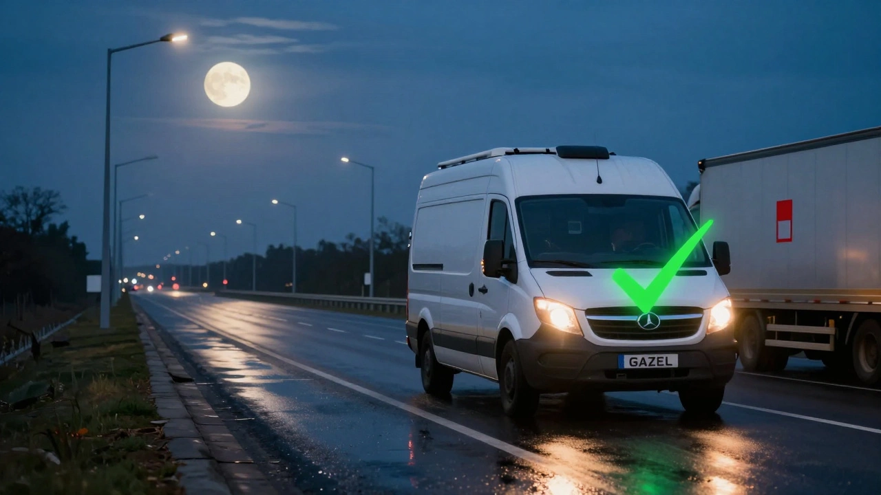 Газель на пустой МКАД ночью, луна освещает дорогу, камеры на столбах, символ разрешения.