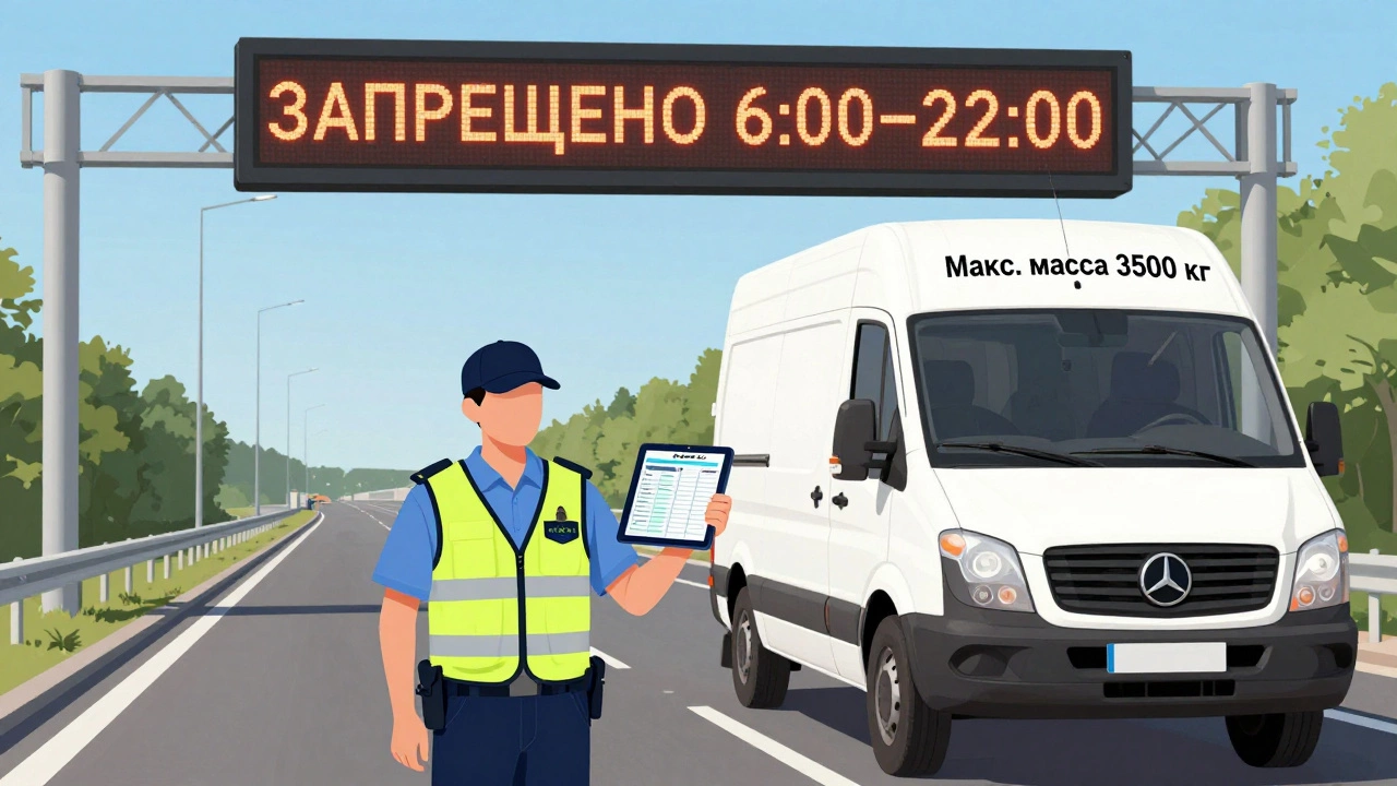 Инспектор проверяет документы Газели на въезде на МКАД, на табло виден запрет для грузовиков.