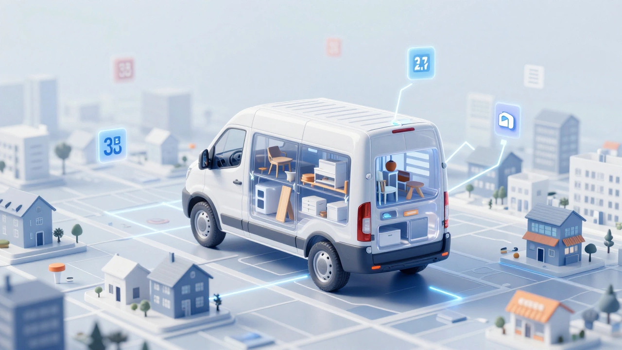 Прозрачная Газель над картой города с символами мебели и стройматериалов внутри.