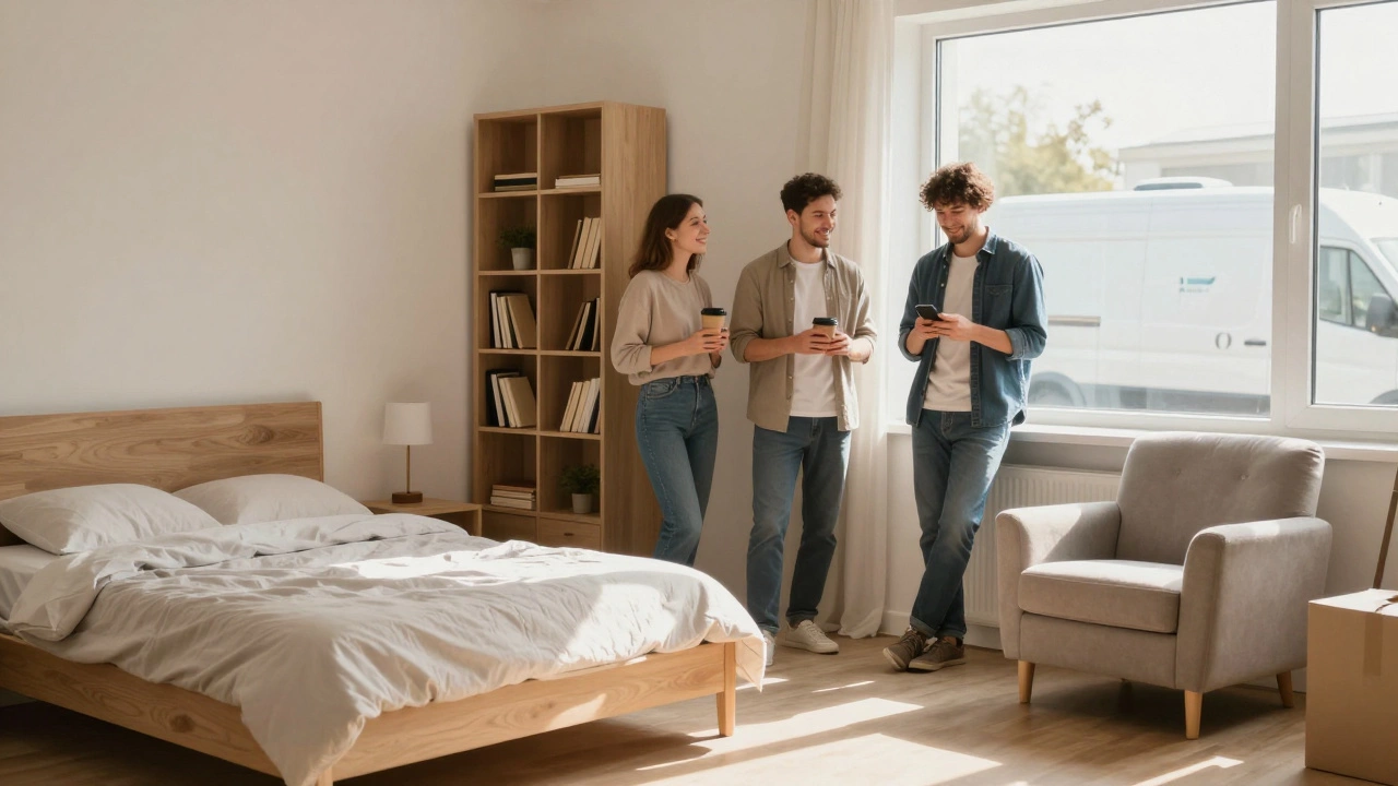 Семья разгружает мебель в новой квартире, солнечный свет и спокойная атмосфера.