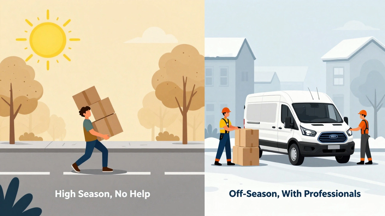 Сравнение переезда: один человек таскает коробки под летним солнцем и команда в зимних условиях.