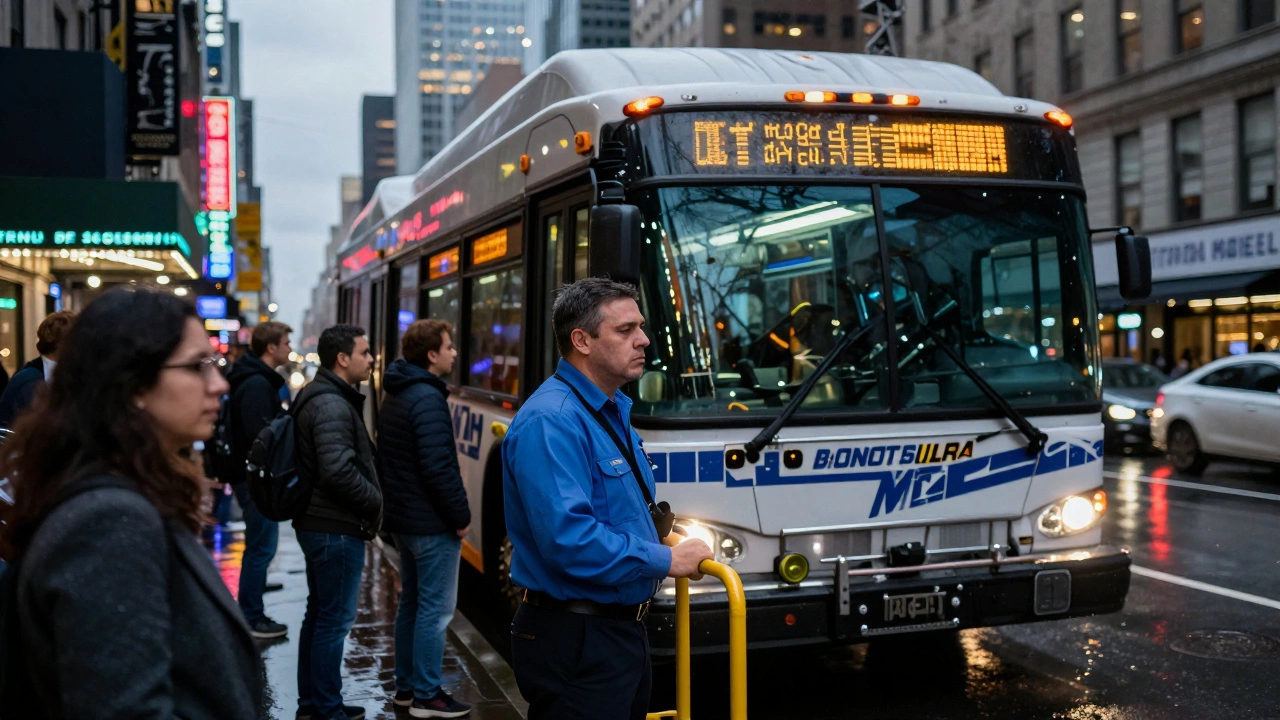 Водитель городского автобуса в Нью-Йорке управляет транспортом в сумерках.