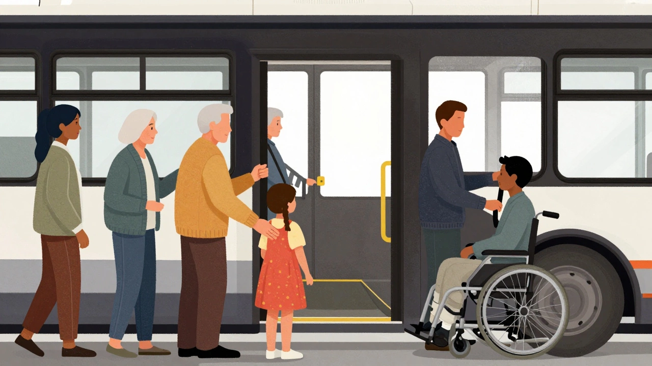 Водитель помогает пожилому человеку и инвалиду сесть в специальный автобус.